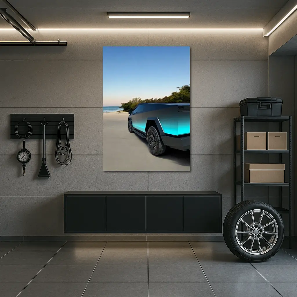 Tesla Cybertruck Teal Beach Coastal Shot – Wall Art