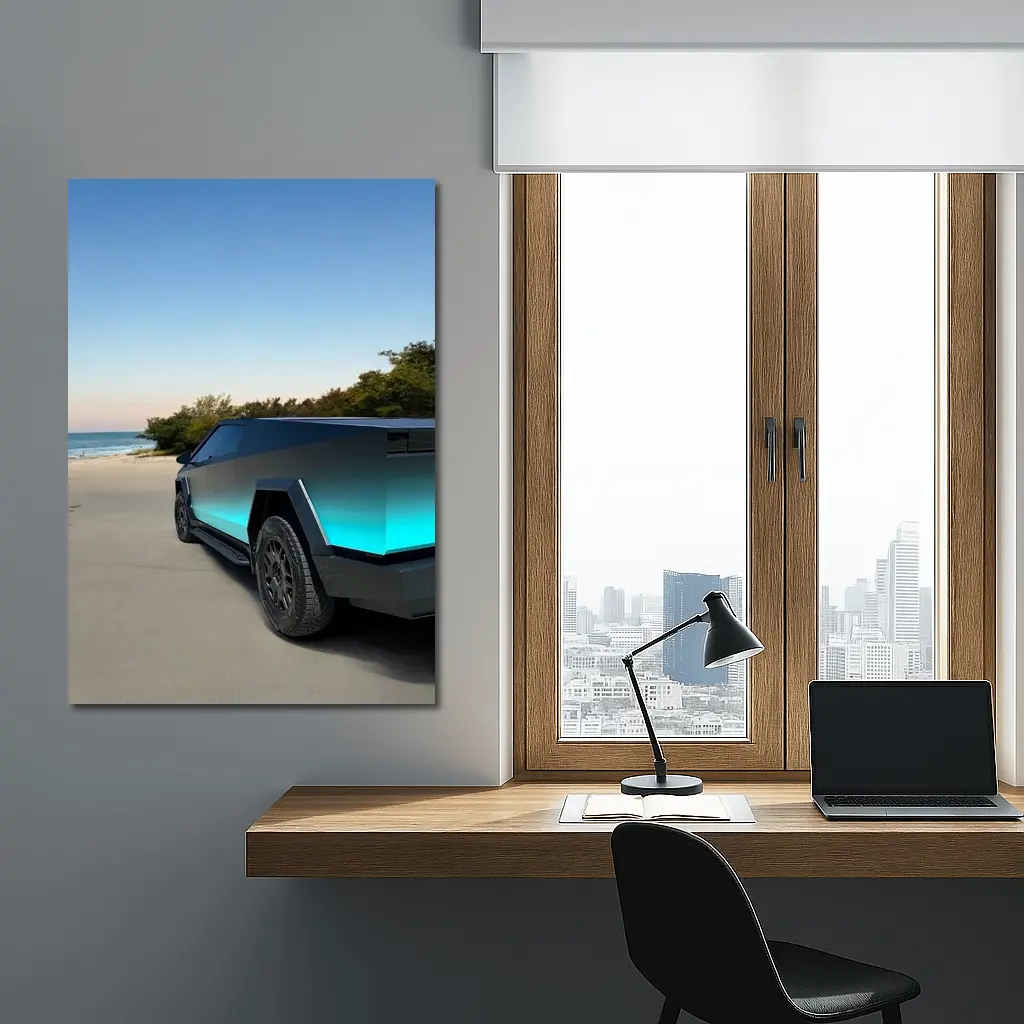Tesla Cybertruck Teal Beach Coastal Shot – Wall Art