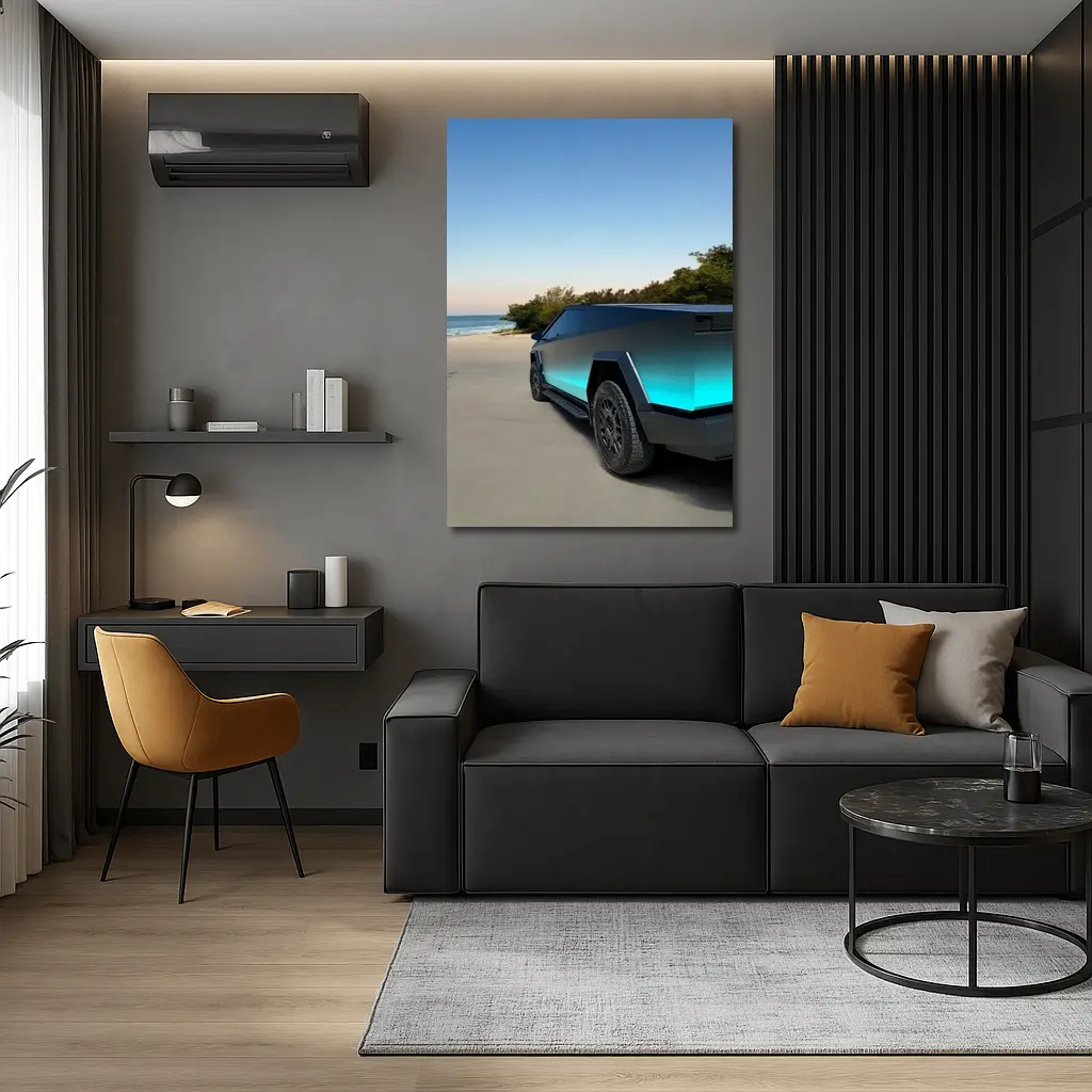 Tesla Cybertruck Teal Beach Coastal Shot – Wall Art