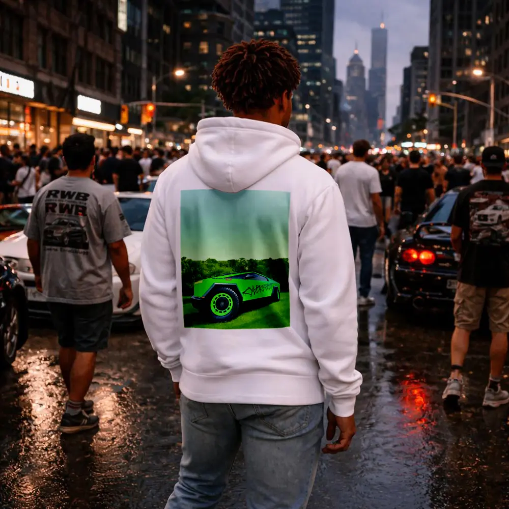Tesla Cybertruck Green Graffiti Wrap Outdoors – Hoodies