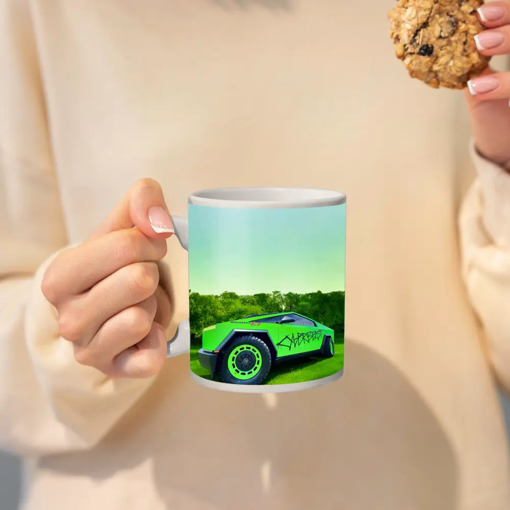 Tesla Cybertruck Green Graffiti Wrap Outdoors – Mugs