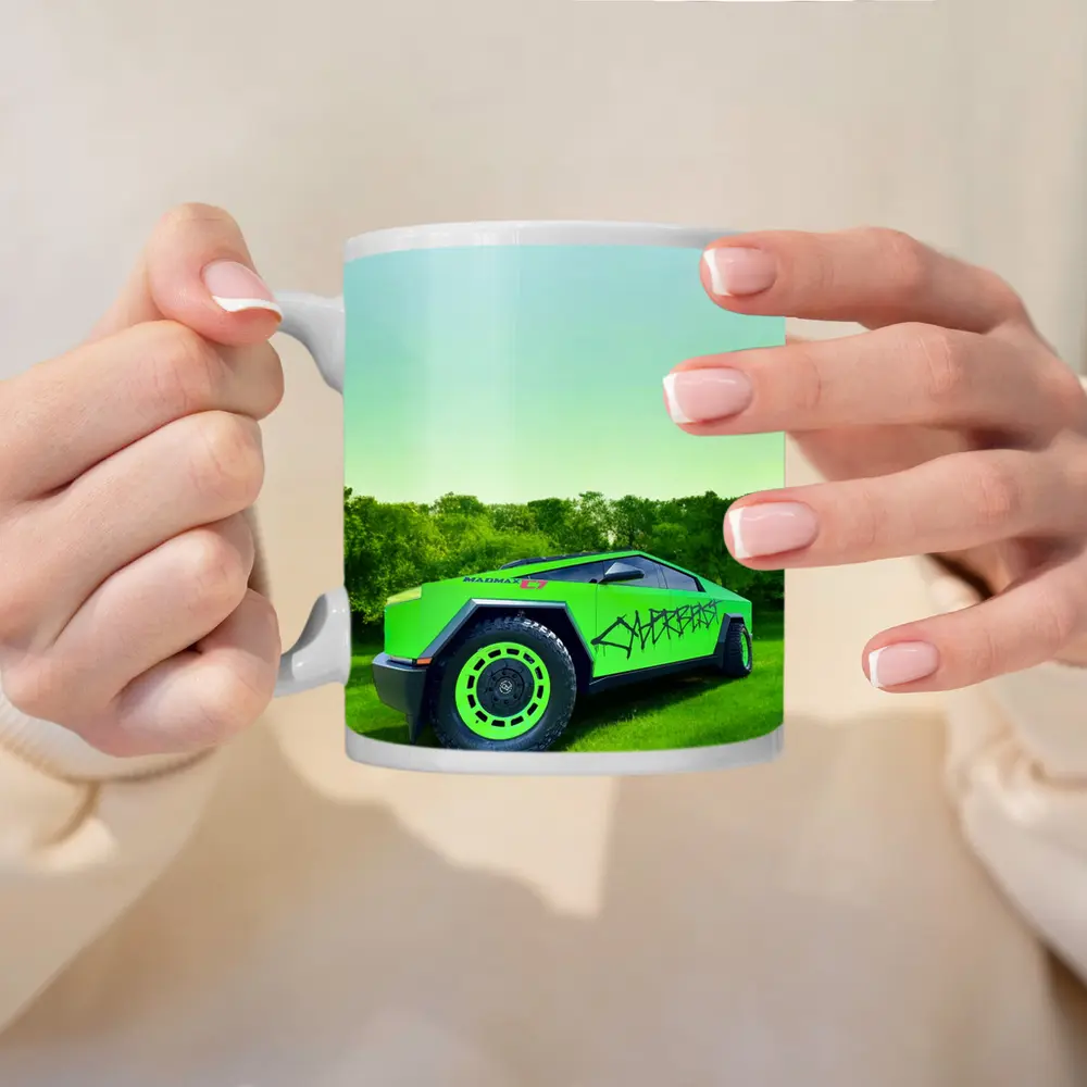 Tesla Cybertruck Green Graffiti Wrap Outdoors – Mugs