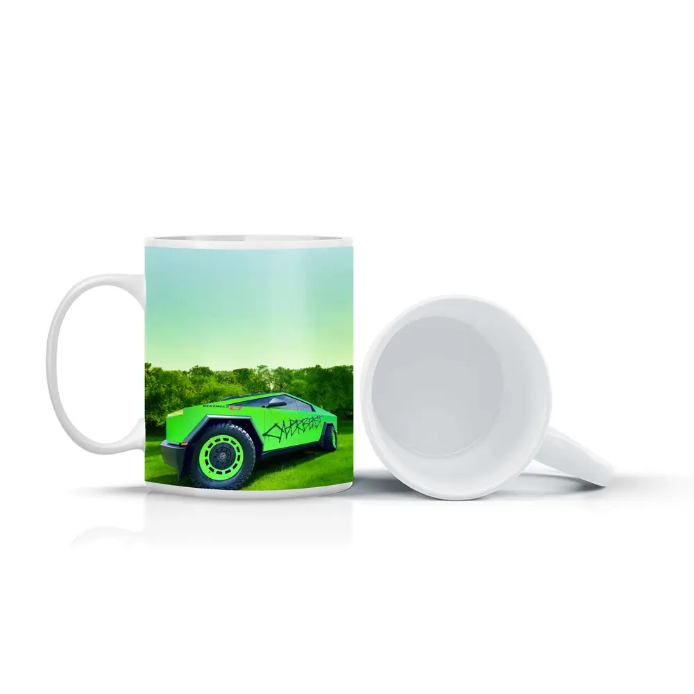 Tesla Cybertruck Green Graffiti Wrap Outdoors – Mugs