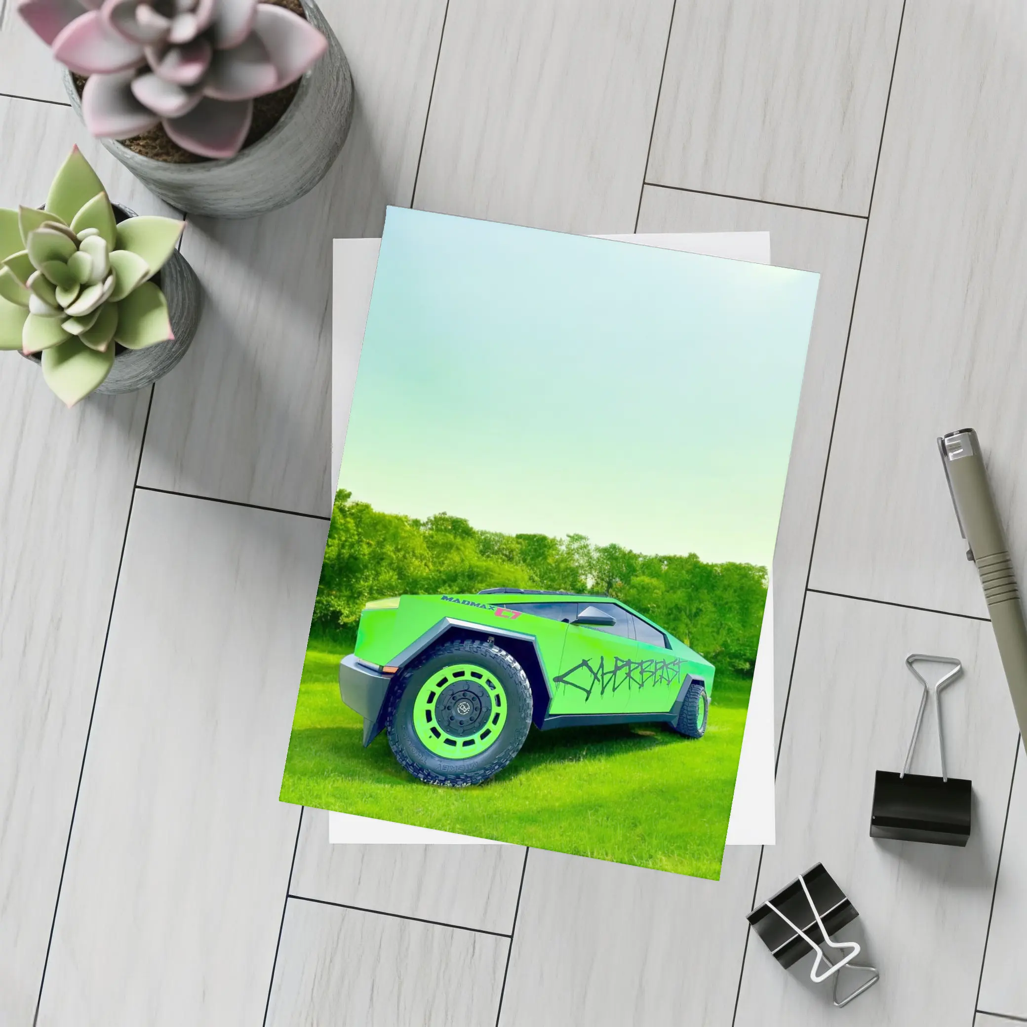 Tesla Cybertruck Green Graffiti Wrap Outdoors – Postcards