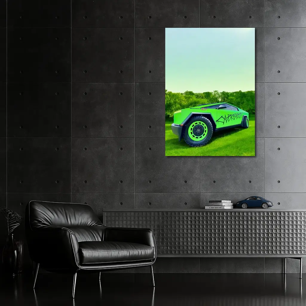 Tesla Cybertruck Green Graffiti Wrap Outdoors – Wall Art