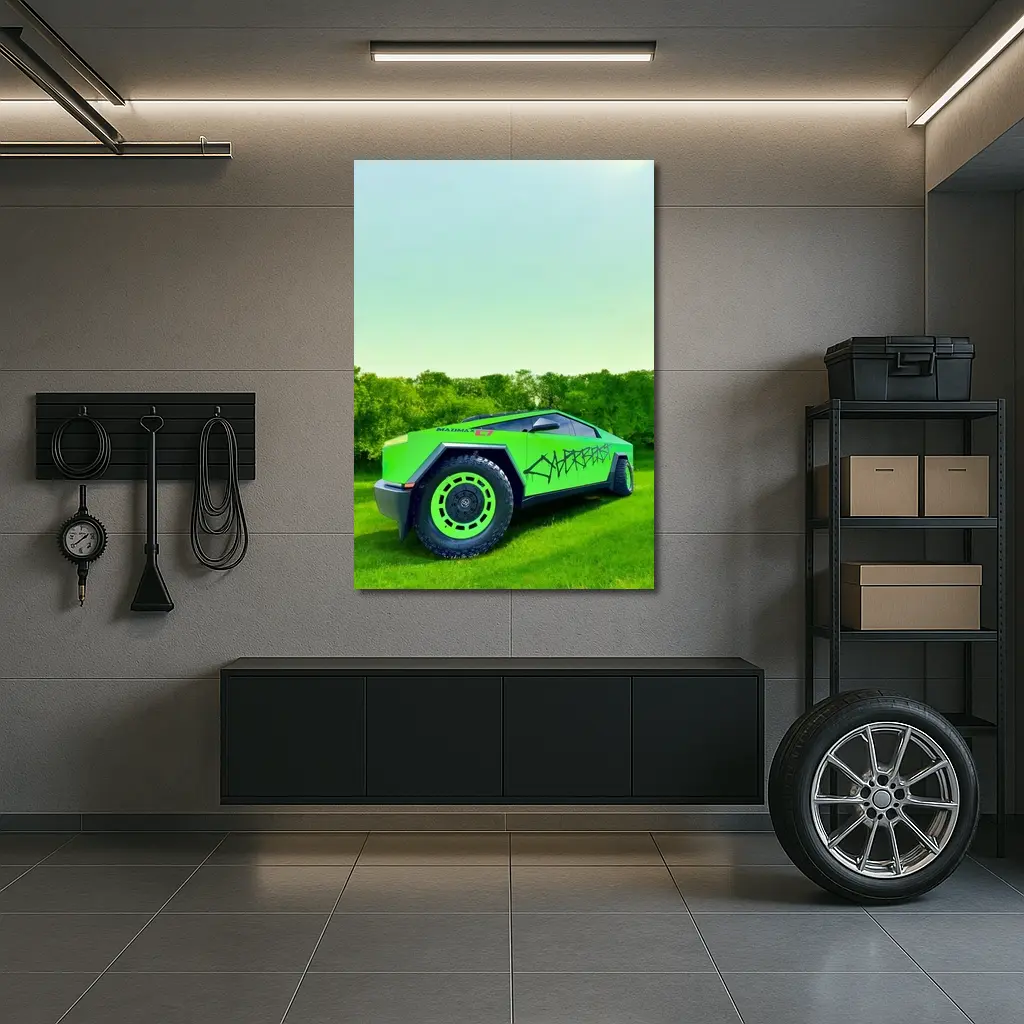 Tesla Cybertruck Green Graffiti Wrap Outdoors – Wall Art