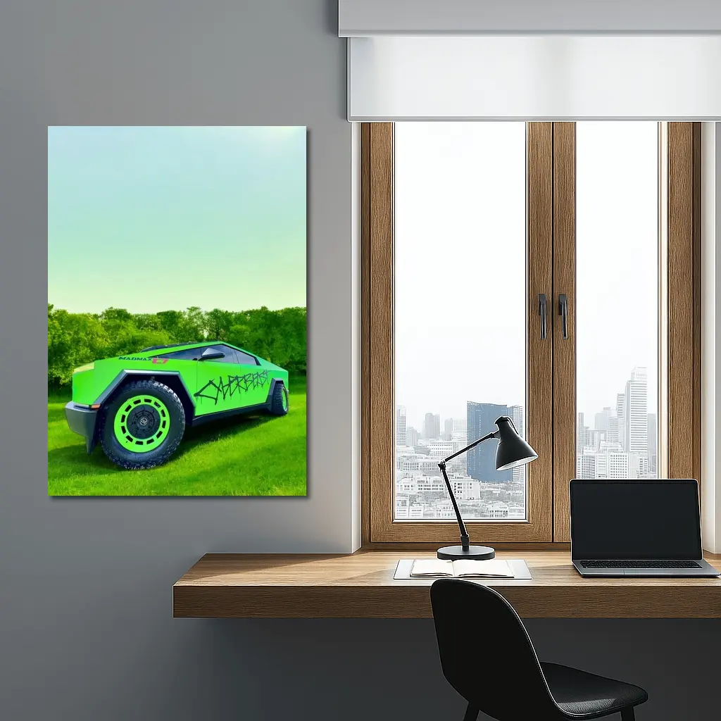 Tesla Cybertruck Green Graffiti Wrap Outdoors – Wall Art