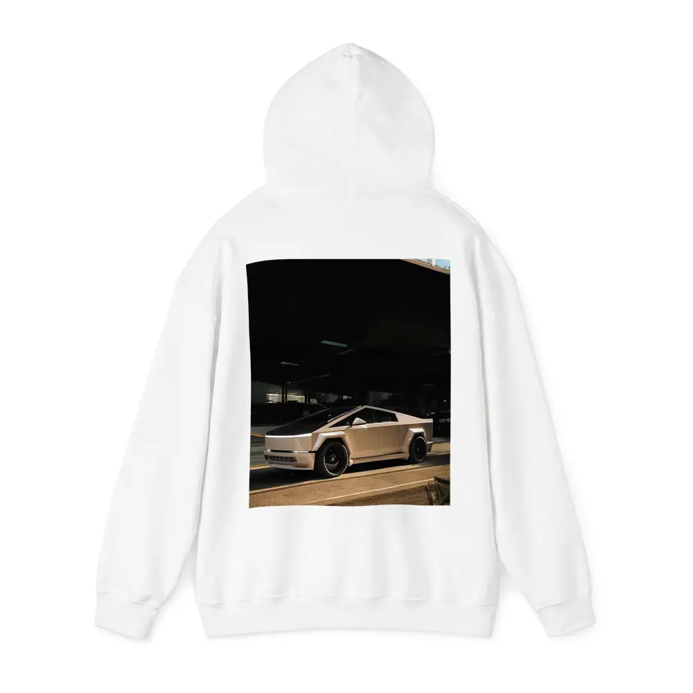 Tesla Cybertruck Parked Under Dark Overhang – Hoodies