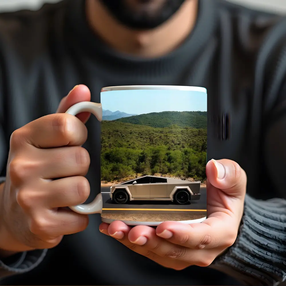 Tesla Cybertruck Silver Truck Mountain Road – Mugs