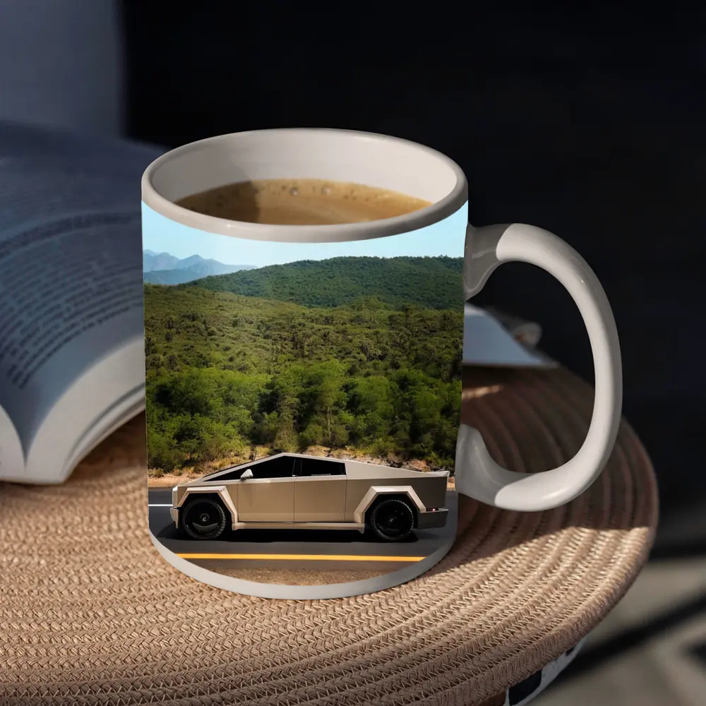 Tesla Cybertruck Silver Truck Mountain Road – Mugs
