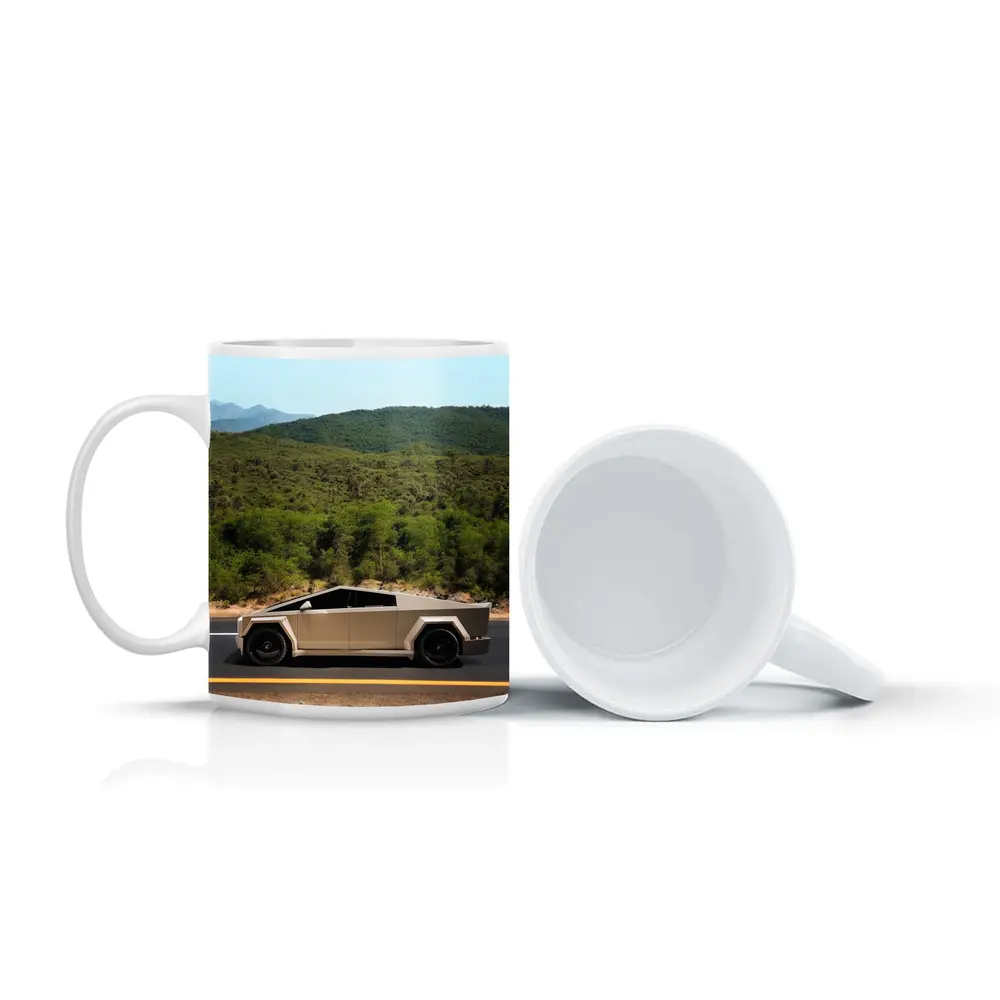 Tesla Cybertruck Silver Truck Mountain Road – Mugs