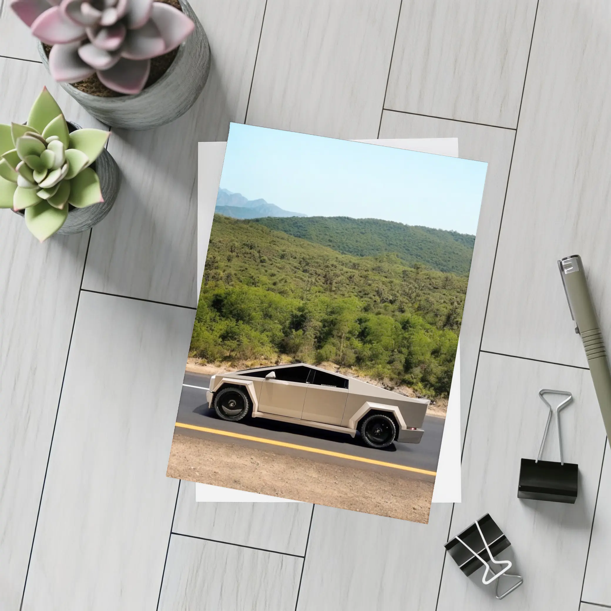 Tesla Cybertruck Silver Truck Mountain Road – Postcards