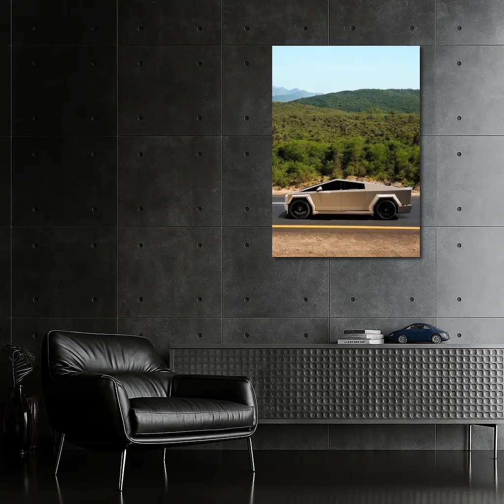 Tesla Cybertruck Silver Truck Mountain Road – Wall Art