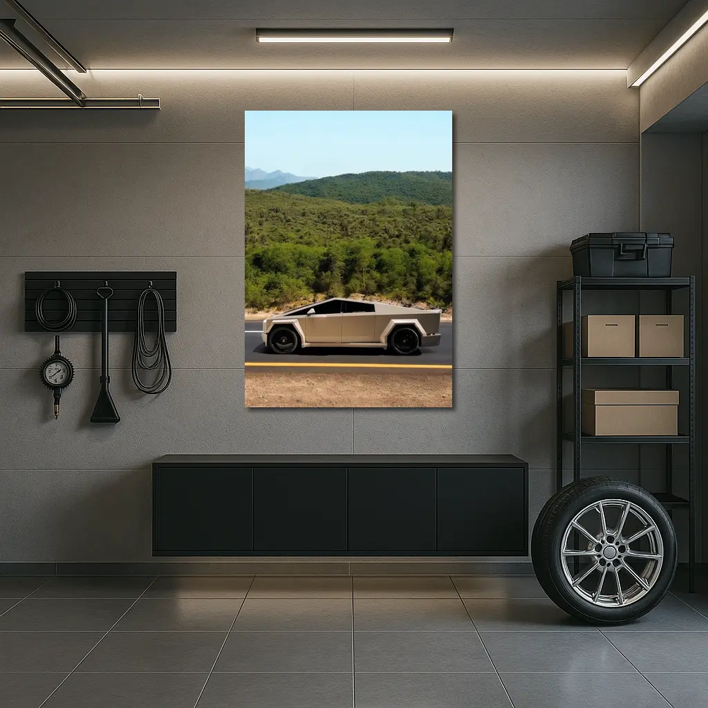 Tesla Cybertruck Silver Truck Mountain Road – Wall Art