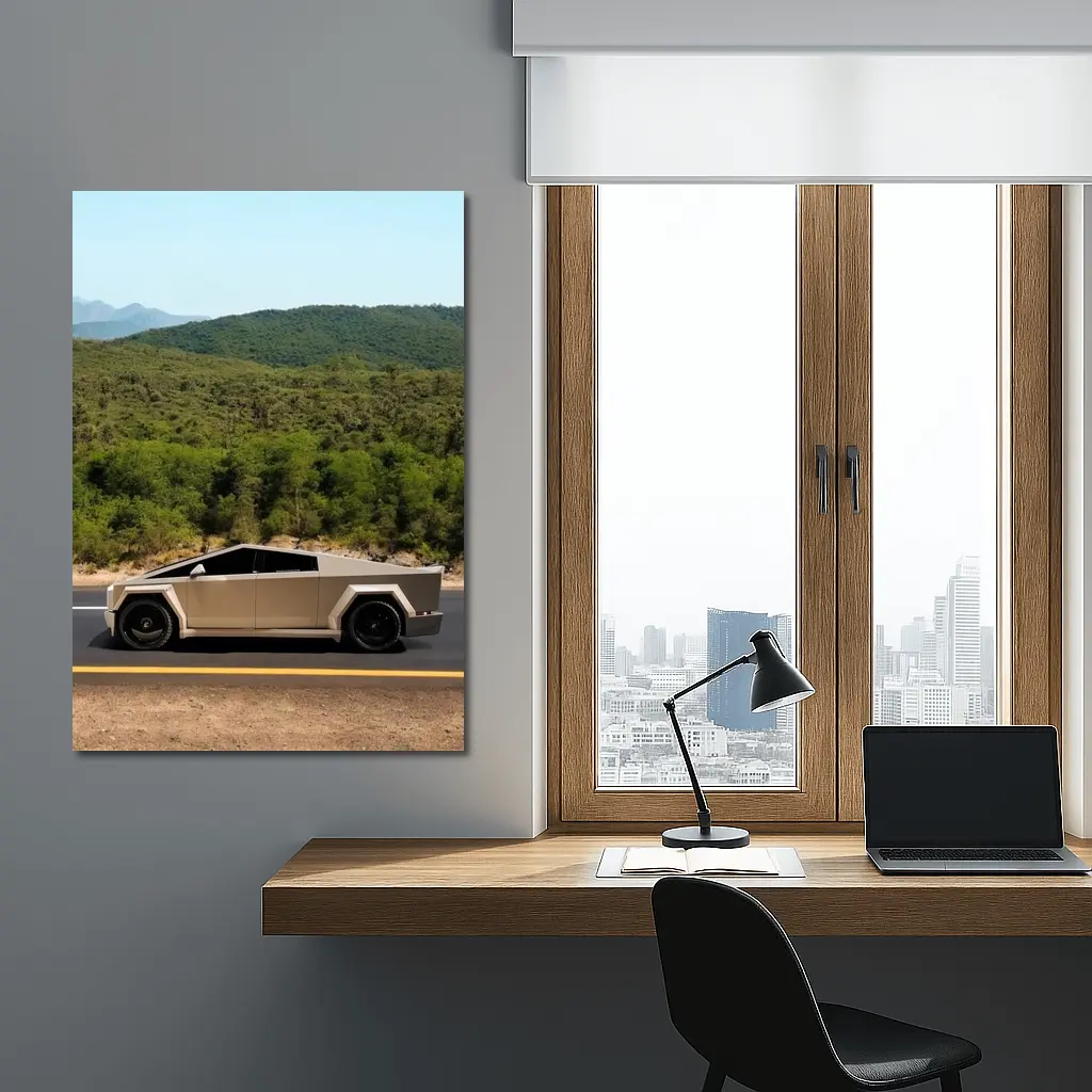 Tesla Cybertruck Silver Truck Mountain Road – Wall Art