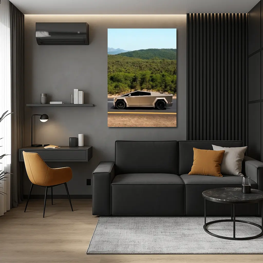 Tesla Cybertruck Silver Truck Mountain Road – Wall Art