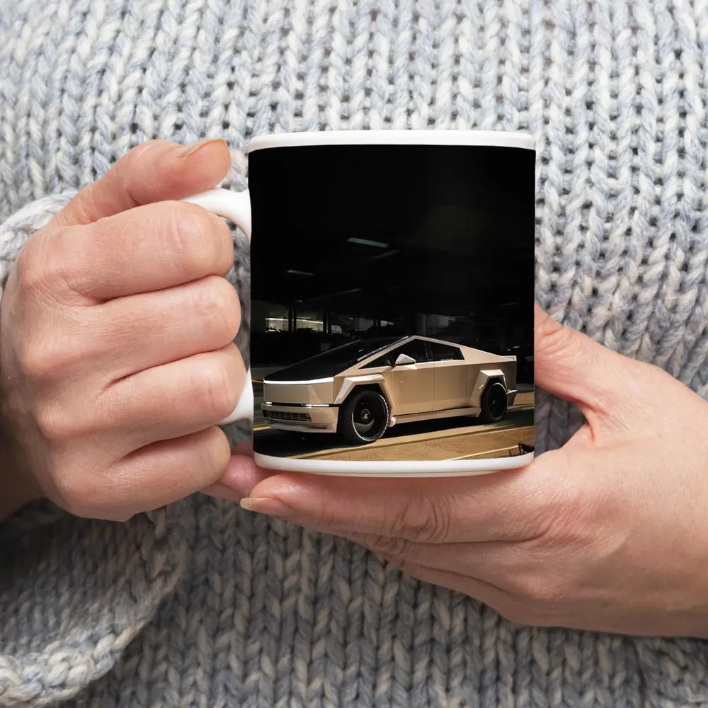 Tesla Cybertruck Parked Under Dark Overhang – Mugs