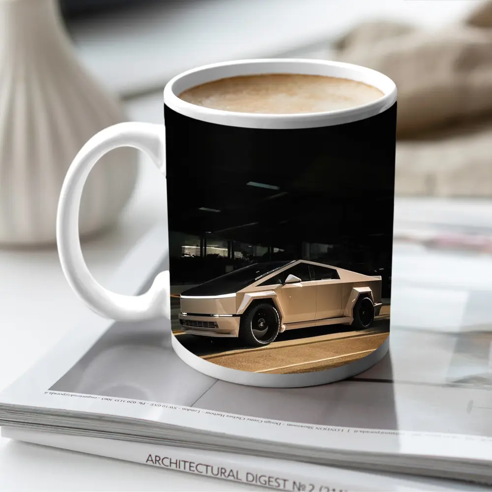 Tesla Cybertruck Parked Under Dark Overhang – Mugs