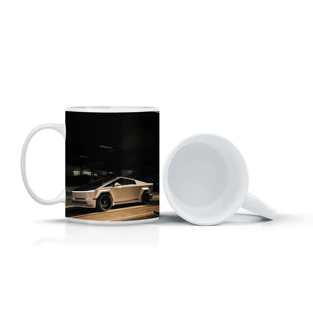 Tesla Cybertruck Parked Under Dark Overhang – Mugs