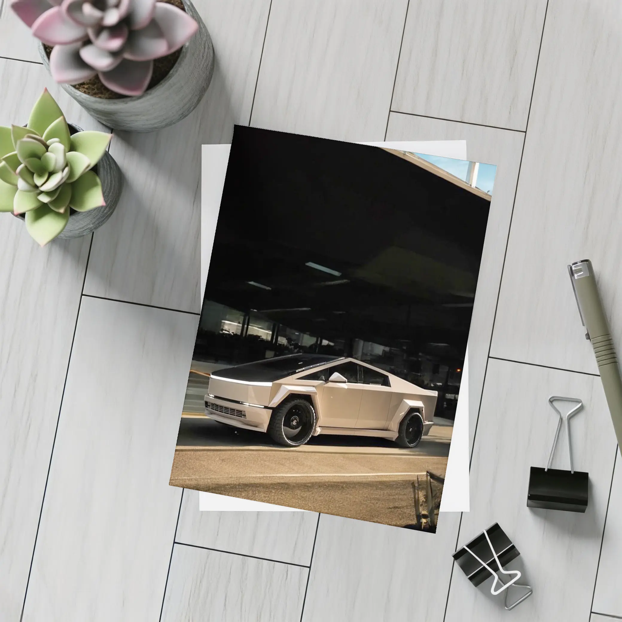 Tesla Cybertruck Parked Under Dark Overhang – Postcards