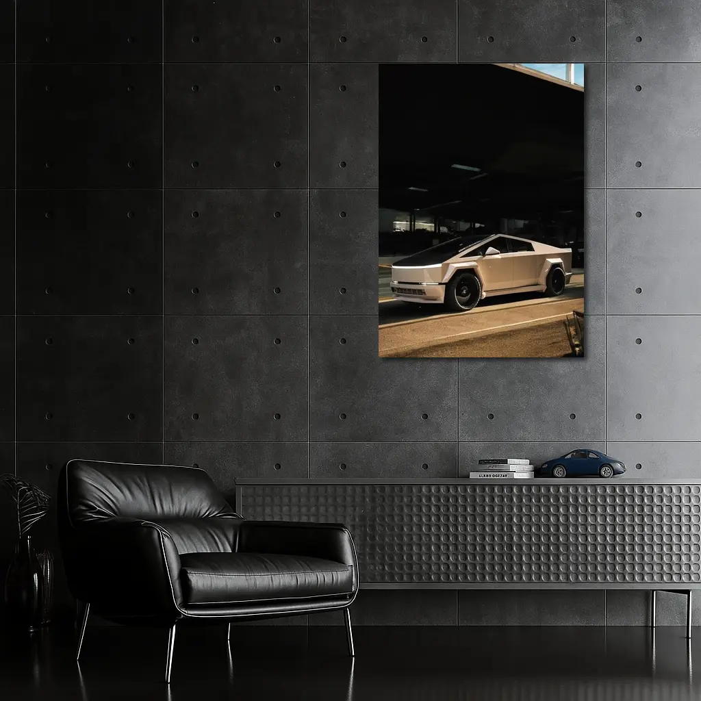 Tesla Cybertruck Parked Under Dark Overhang – Wall Art