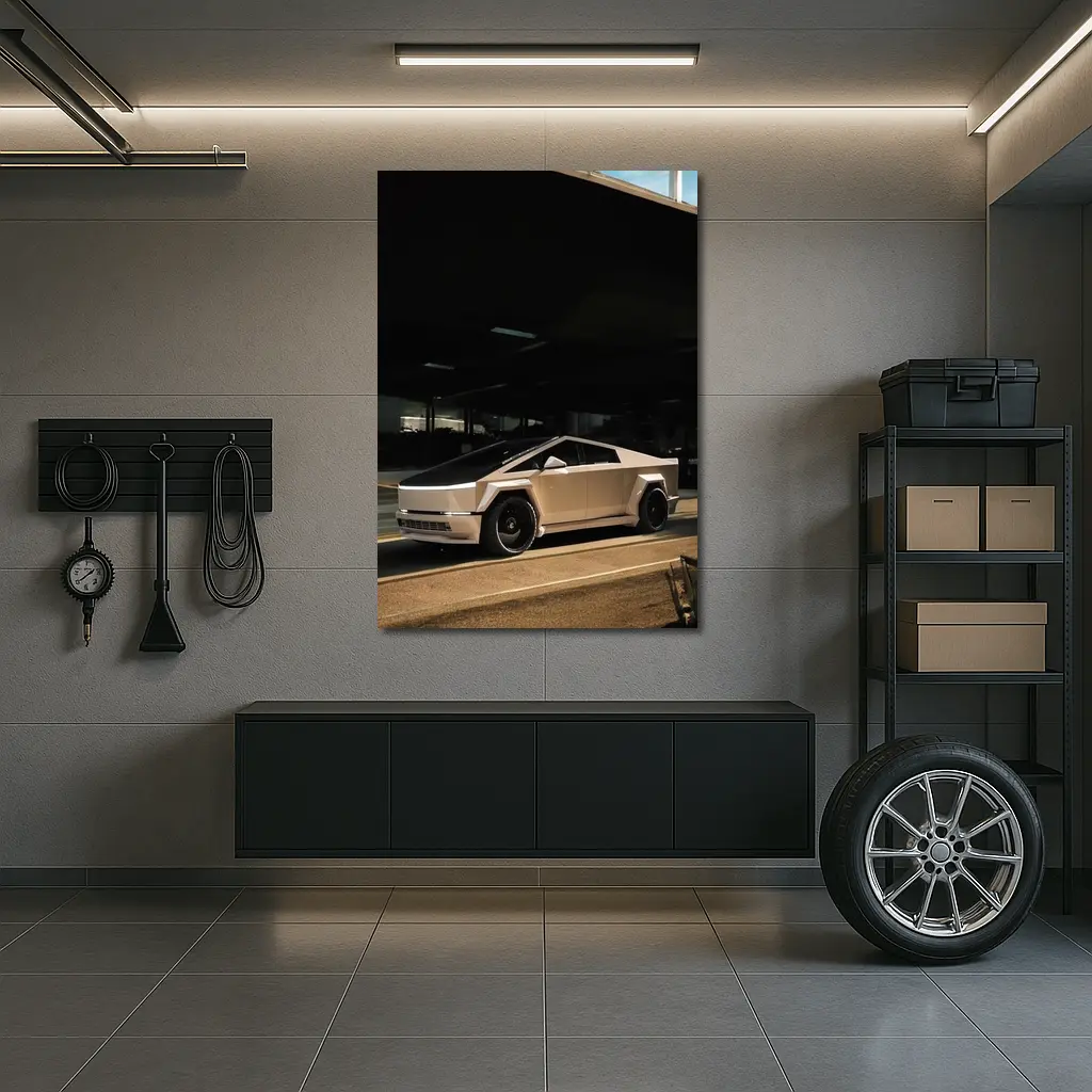 Tesla Cybertruck Parked Under Dark Overhang – Wall Art