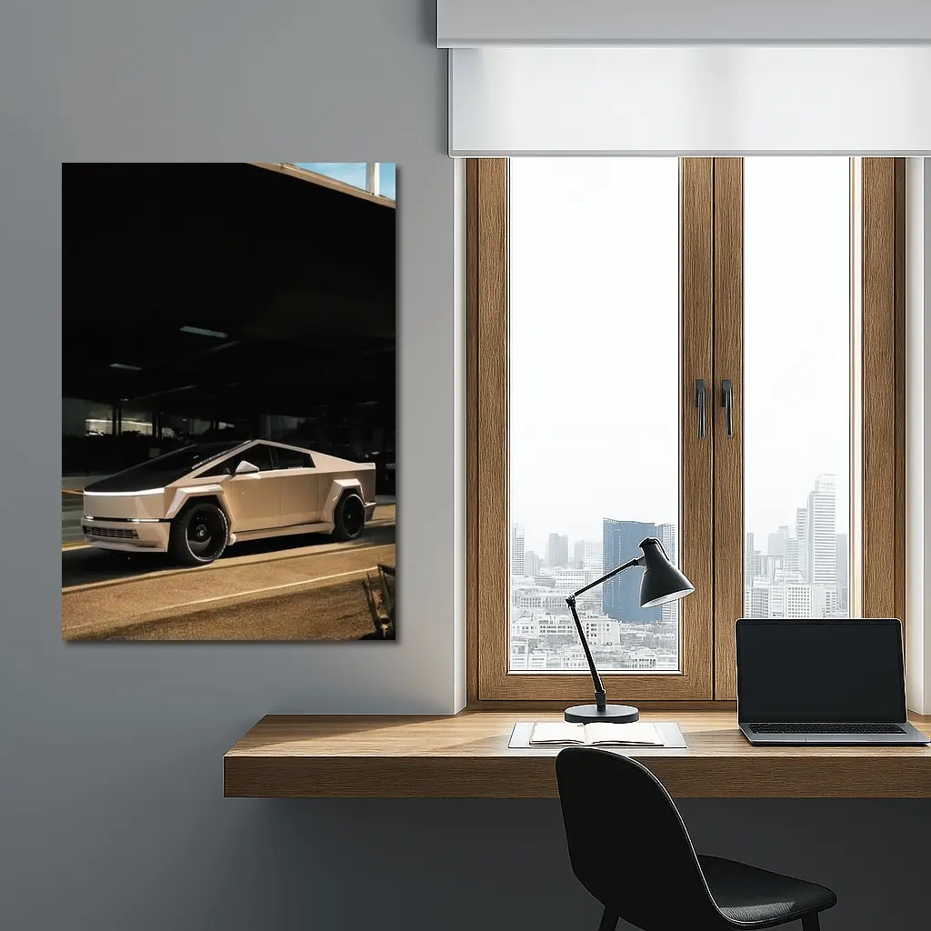 Tesla Cybertruck Parked Under Dark Overhang – Wall Art