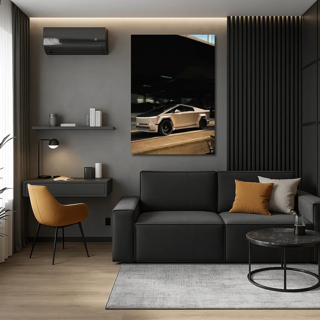 Tesla Cybertruck Parked Under Dark Overhang – Wall Art