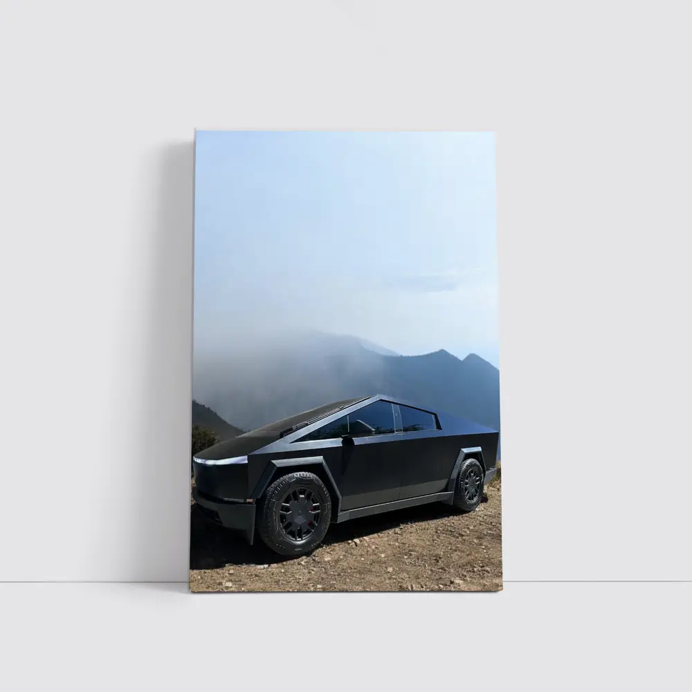 Tesla Cybertruck Black Mountain Misty Backdrop – Wall Art