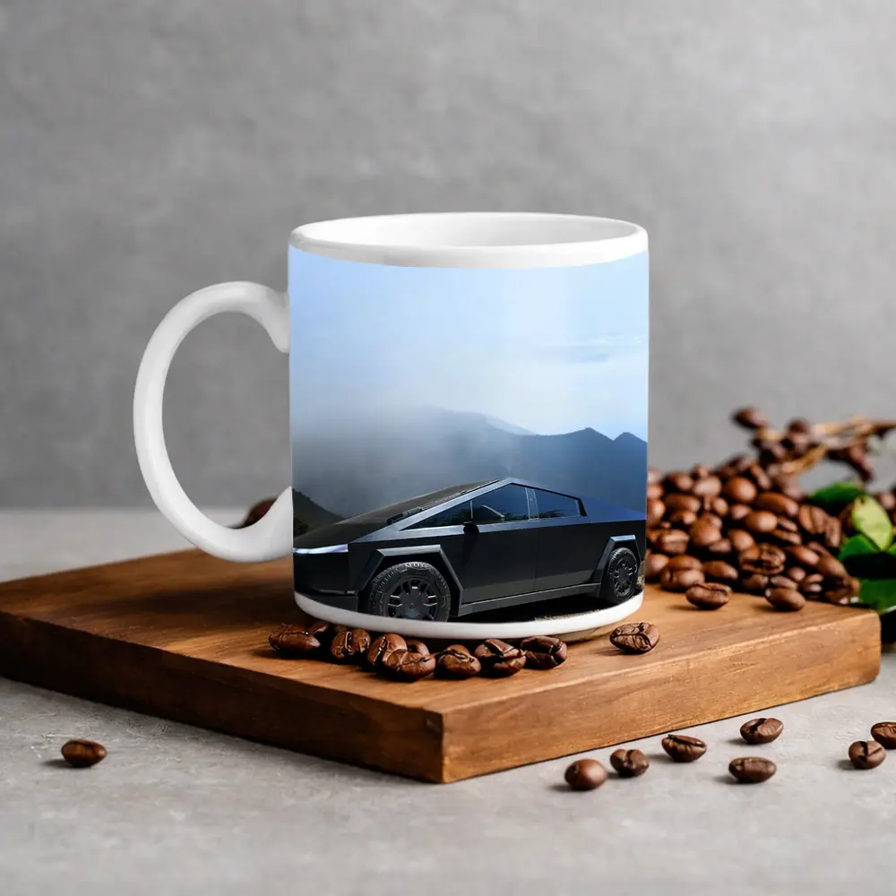Tesla Cybertruck Black Mountain Misty Backdrop – Mugs