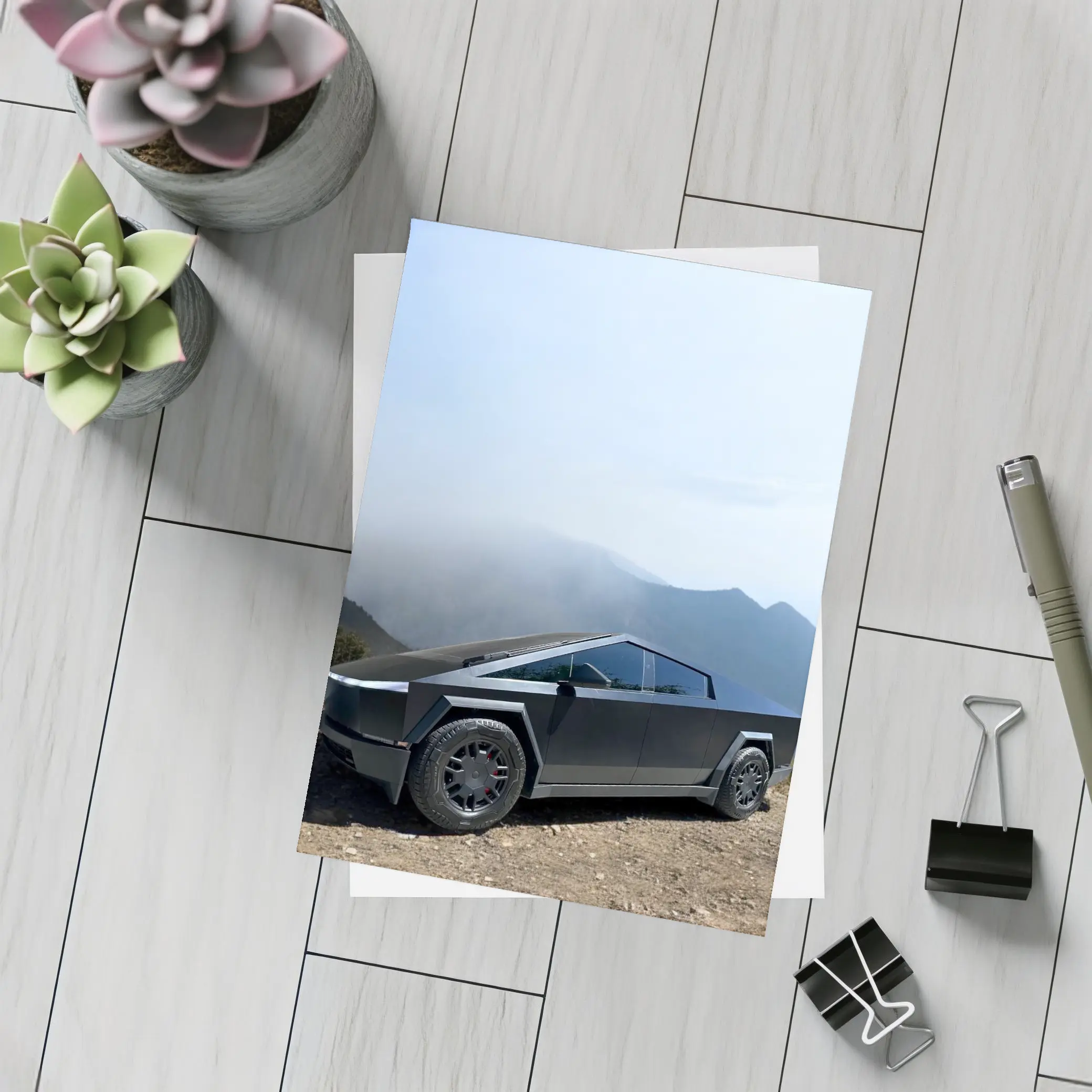 Tesla Cybertruck Black Mountain Misty Backdrop – Postcards
