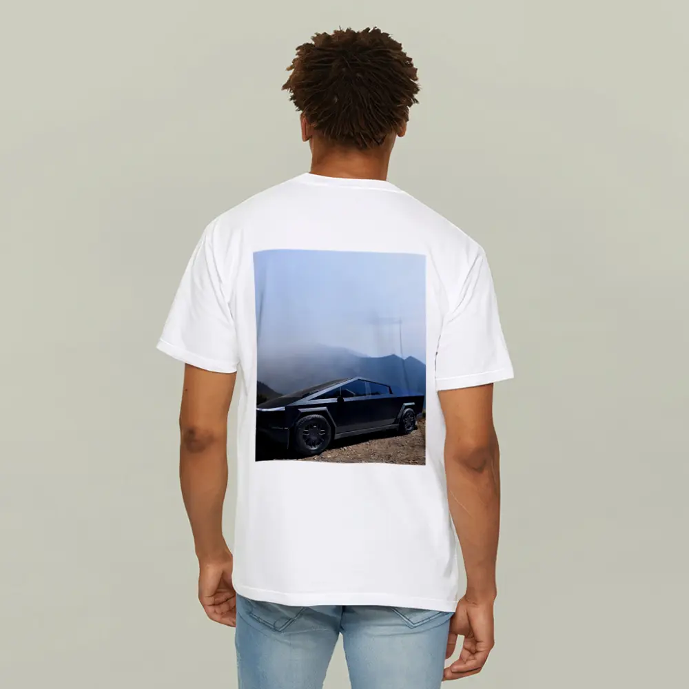 Tesla Cybertruck Black Mountain Misty Backdrop – T-Shirts