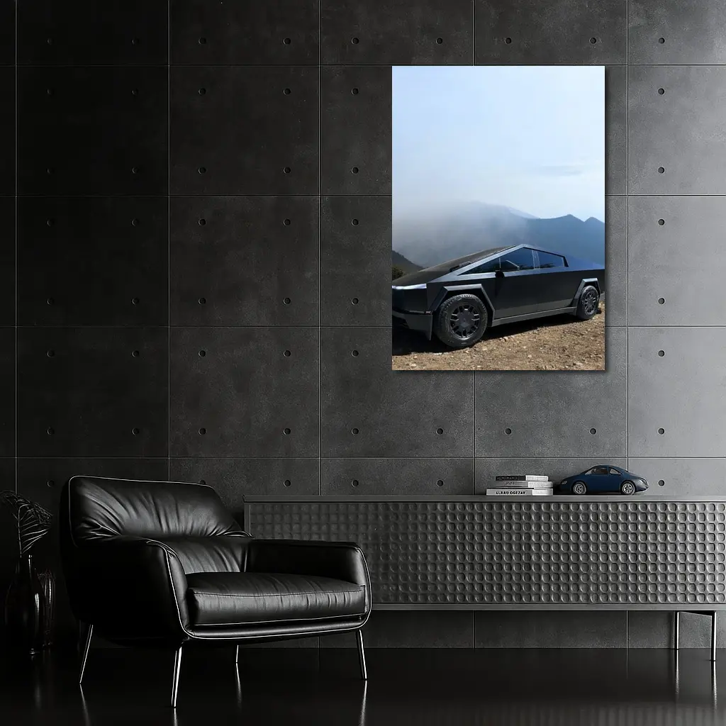 Tesla Cybertruck Black Mountain Misty Backdrop – Wall Art