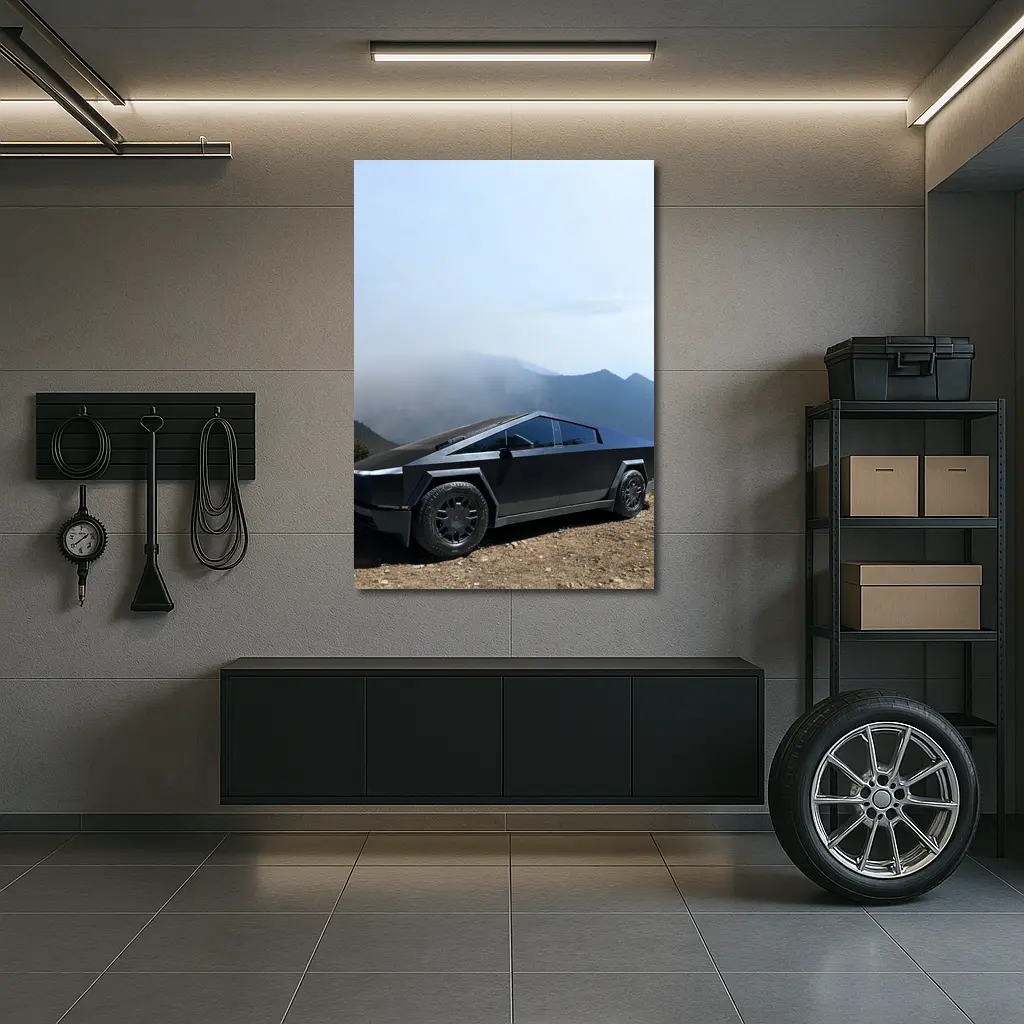 Tesla Cybertruck Black Mountain Misty Backdrop – Wall Art