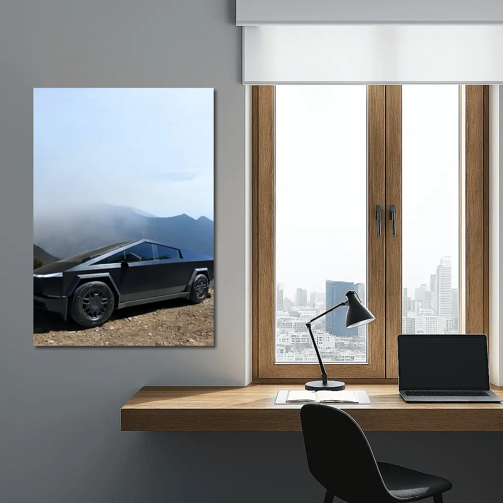 Tesla Cybertruck Black Mountain Misty Backdrop – Wall Art