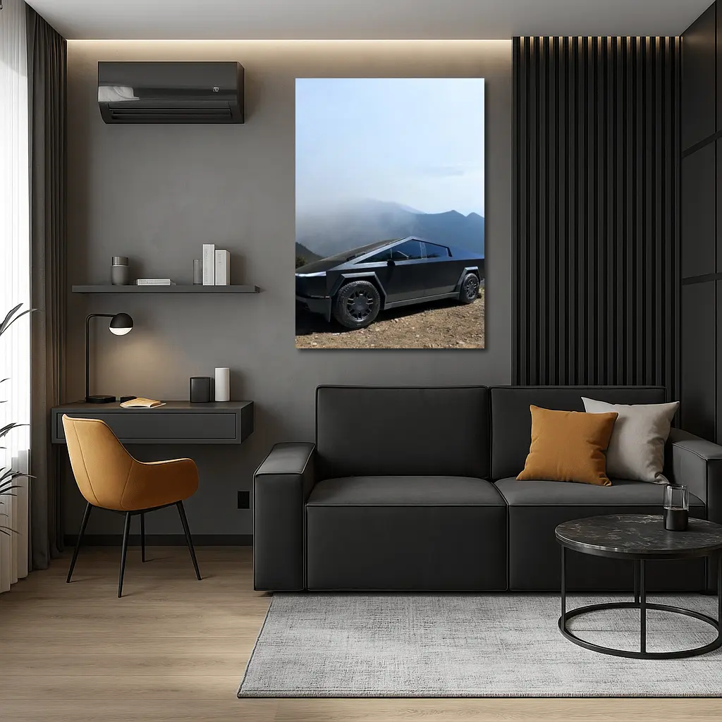 Tesla Cybertruck Black Mountain Misty Backdrop – Wall Art