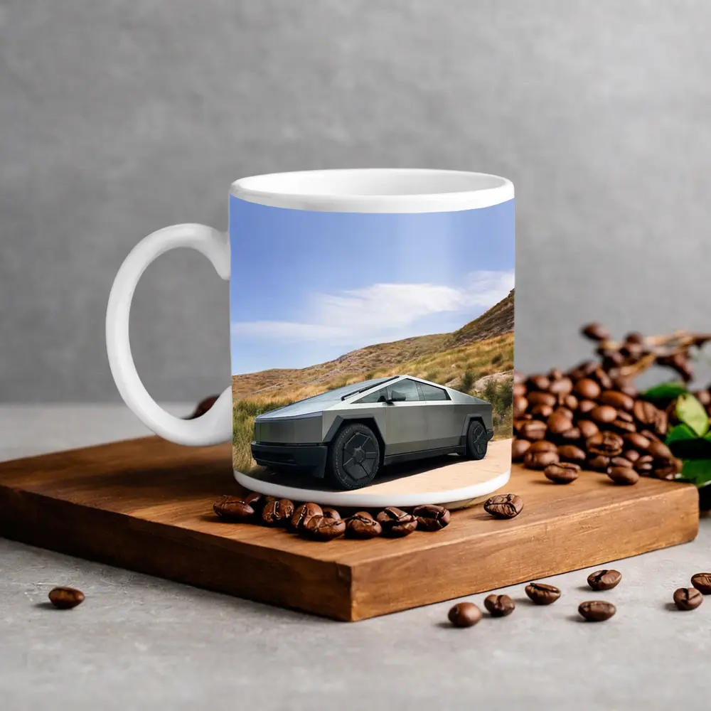 Tesla Cybertruck Parked On Desert Dirt Road – Mugs