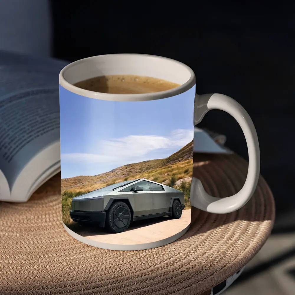 Tesla Cybertruck Parked On Desert Dirt Road – Mugs