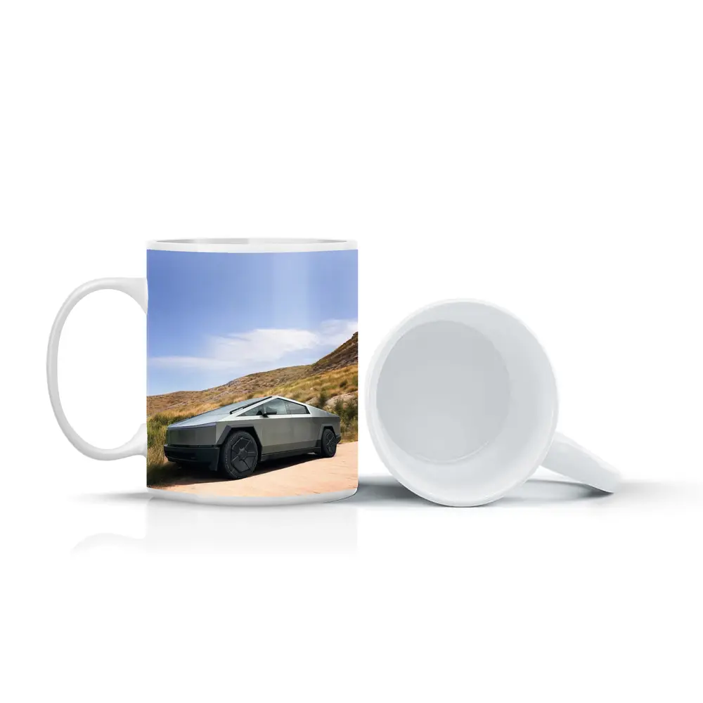 Tesla Cybertruck Parked On Desert Dirt Road – Mugs