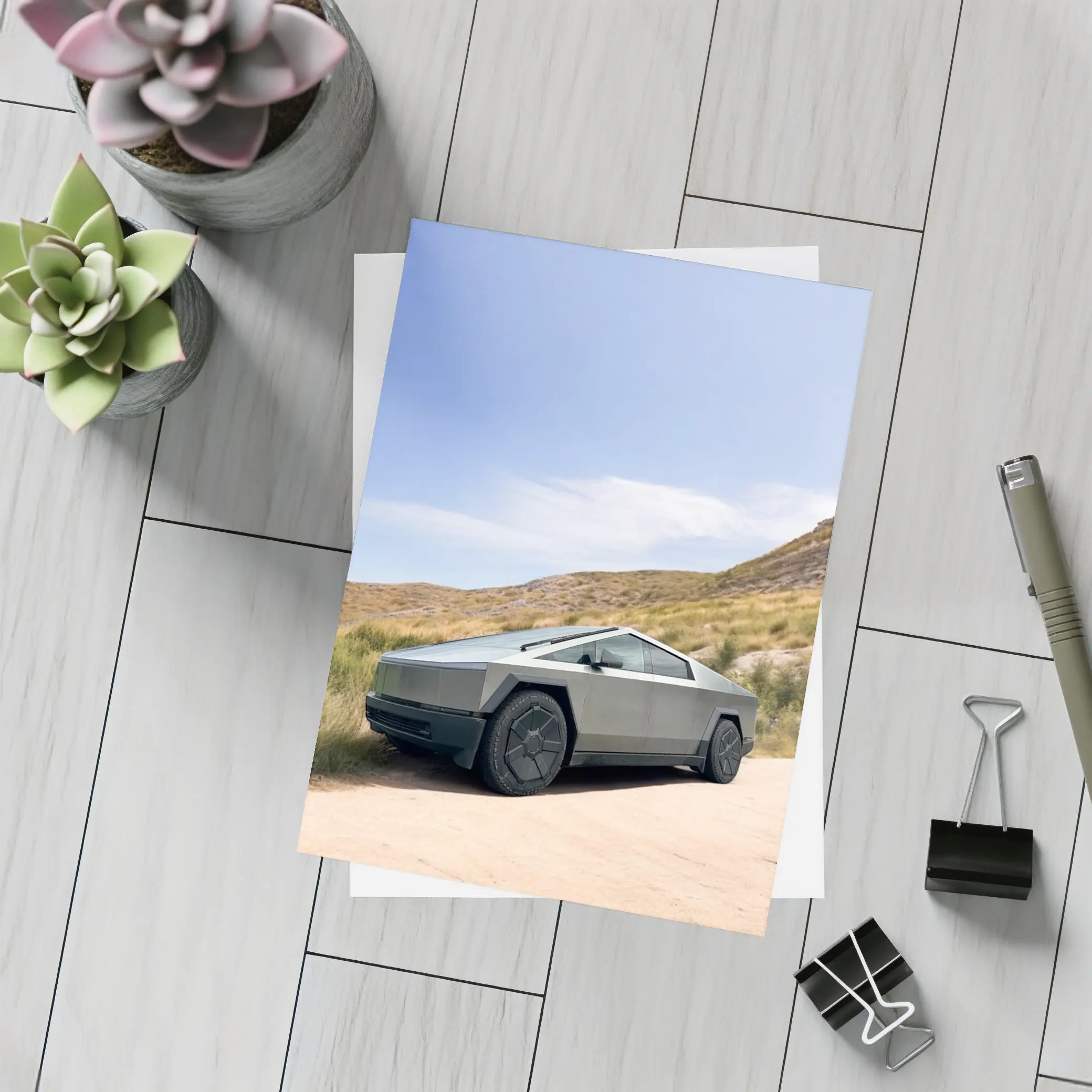 Tesla Cybertruck Parked On Desert Dirt Road – Postcards