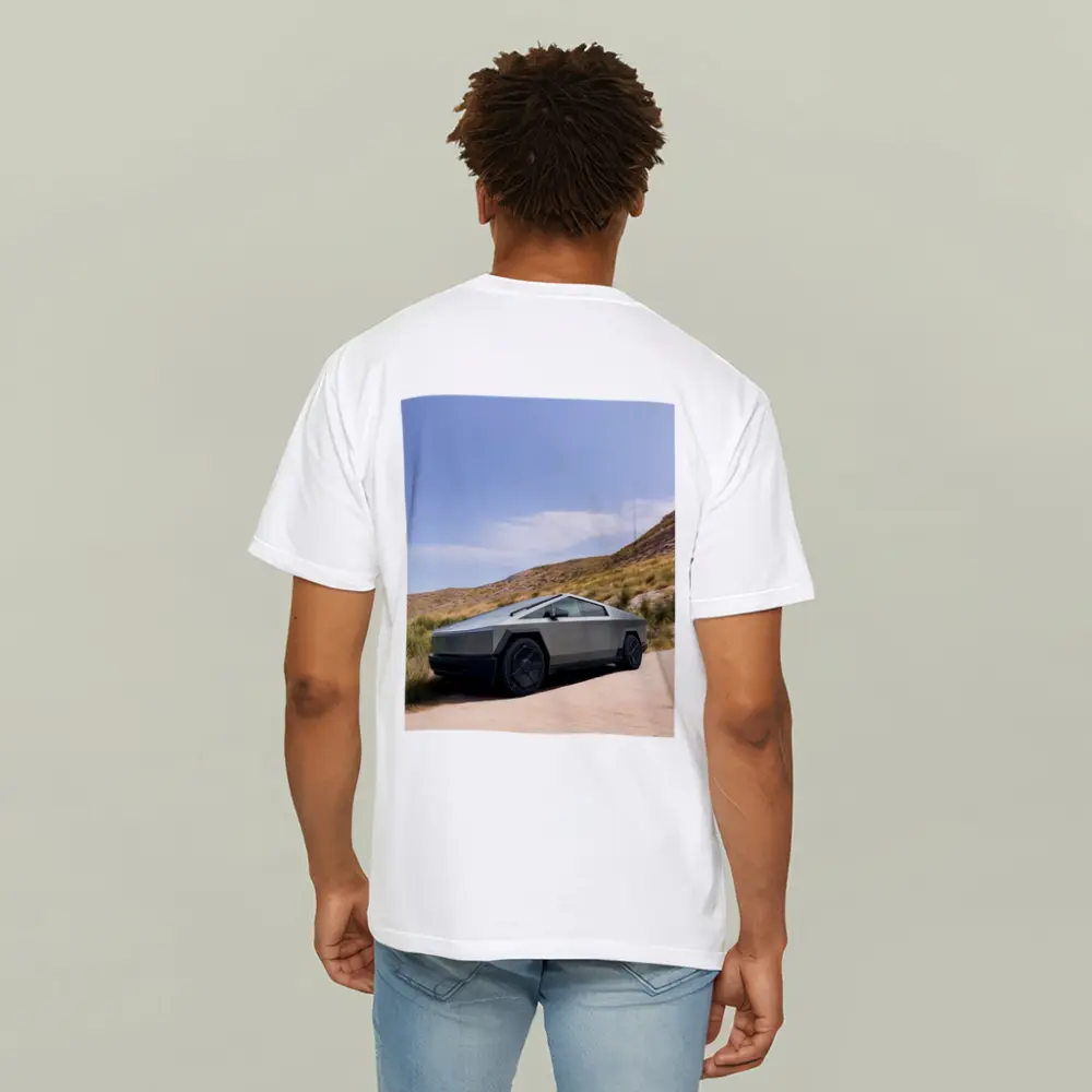 Tesla Cybertruck Parked On Desert Dirt Road – T-Shirts