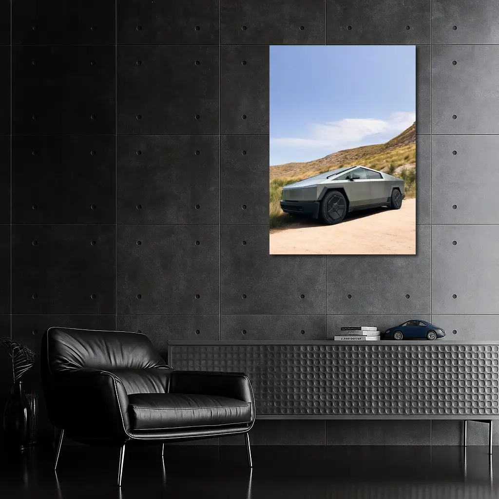 Tesla Cybertruck Parked On Desert Dirt Road – Wall Art