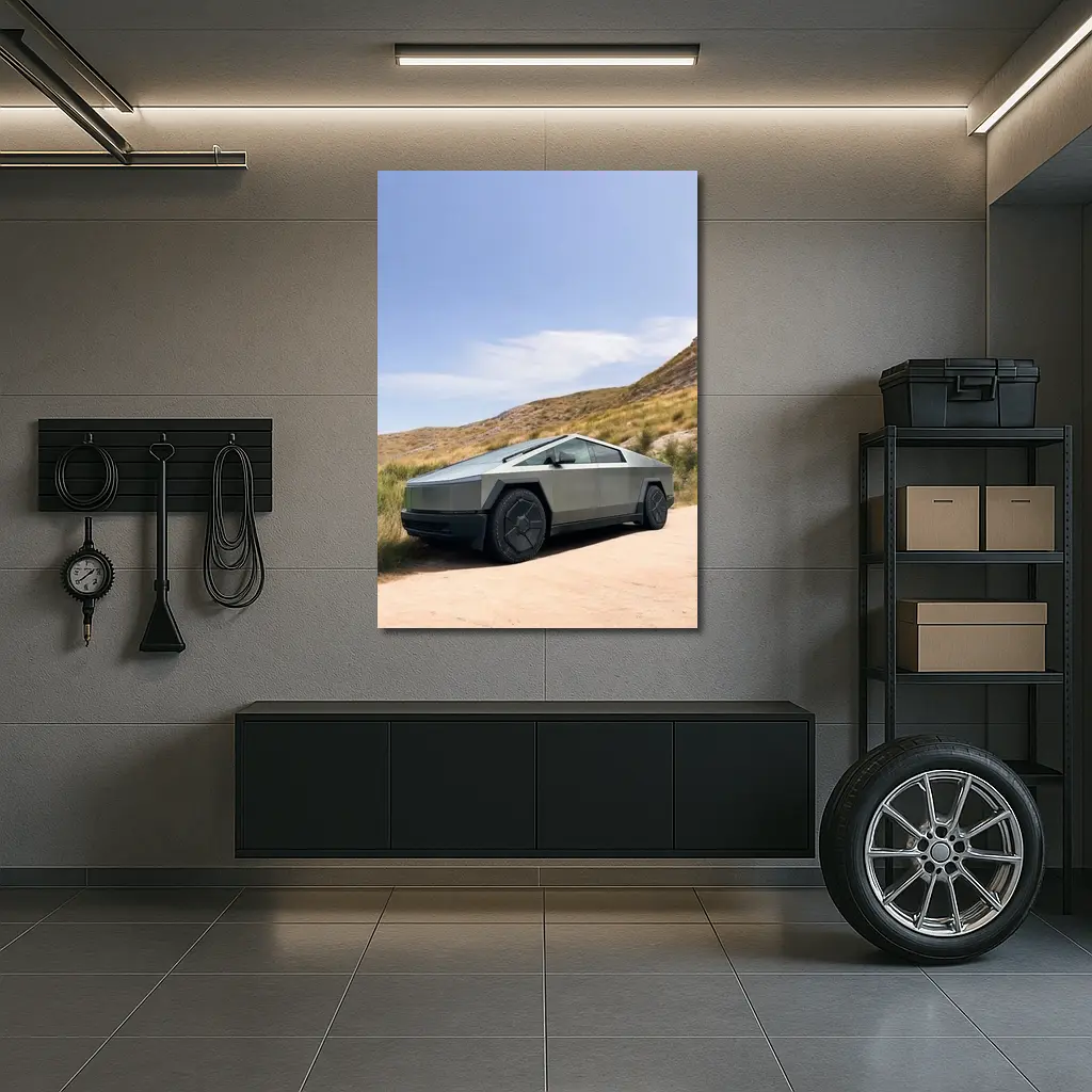 Tesla Cybertruck Parked On Desert Dirt Road – Wall Art
