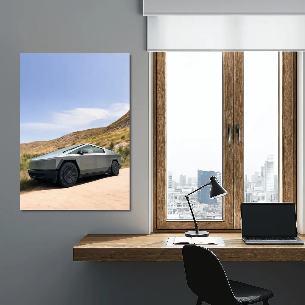 Tesla Cybertruck Parked On Desert Dirt Road – Wall Art