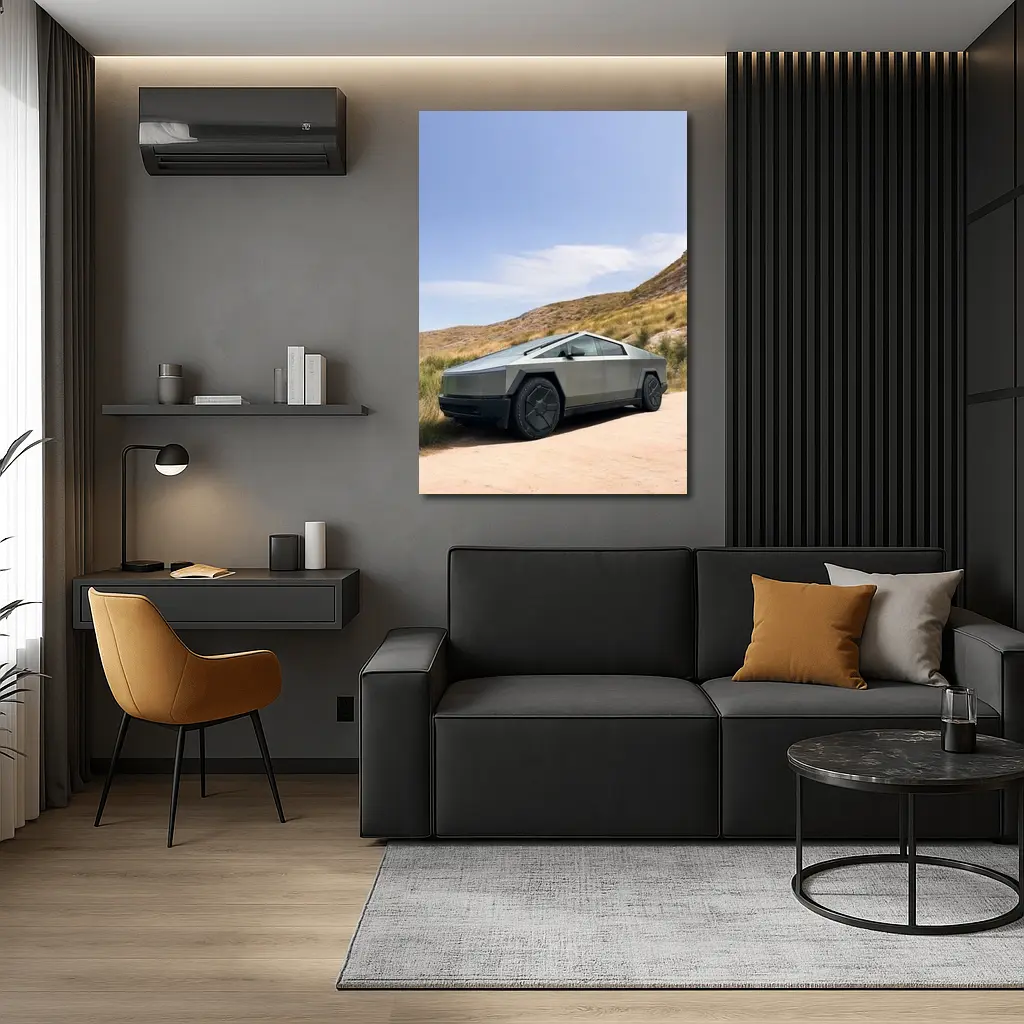 Tesla Cybertruck Parked On Desert Dirt Road – Wall Art