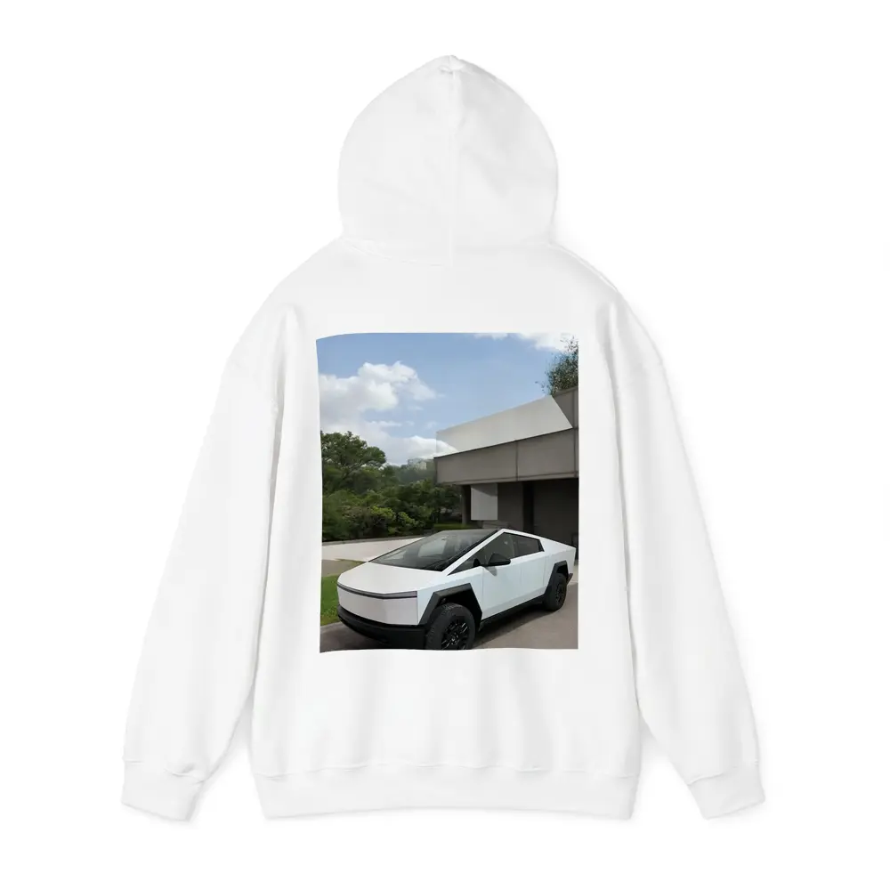 Tesla Cybertruck Parked Modern House Exterior – Hoodies