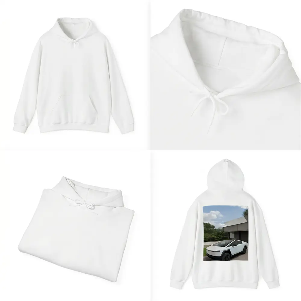 Tesla Cybertruck Parked Modern House Exterior – Hoodies
