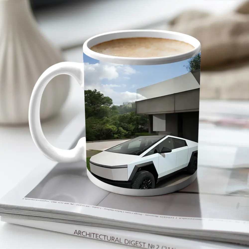 Tesla Cybertruck Parked Modern House Exterior – Mugs