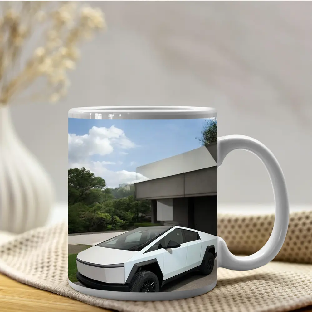 Tesla Cybertruck Parked Modern House Exterior – Mugs