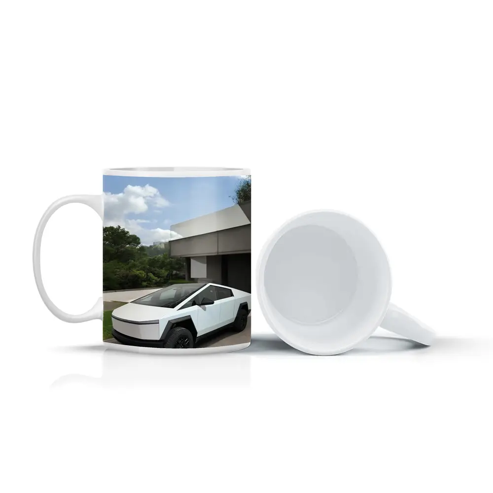 Tesla Cybertruck Parked Modern House Exterior – Mugs